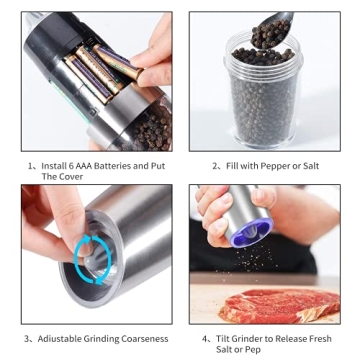 Electric Salt and Pepper Grinder Set 2, Adjustable with LED Light