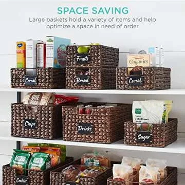 Best Choice Products Set of 4 9x12in Water Hyacinth Pantry Baskets, Woven Kitchen Organizers w/Chalkboard Label, Chalk Marker - Brown
