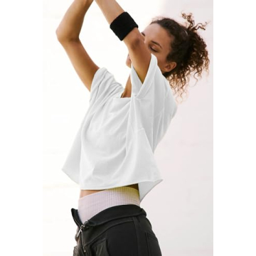 Oversized Workout Tops for Women Crew Neck Roll Hem Soft Crop Tops Basic Workout Yoga Loose Fitting T Shirt White S