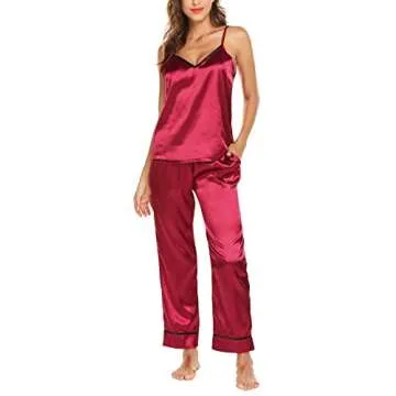 Romanstii Satin Pajamas Set Sleepwear Cami Sexy Nightwear Loungewear PJ Set S-XXL Wine Red