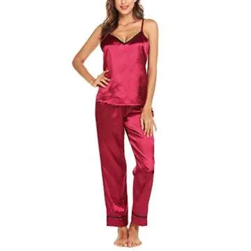 Romanstii Satin Pajamas Set Sleepwear Cami Sexy Nightwear Loungewear PJ Set S-XXL Wine Red