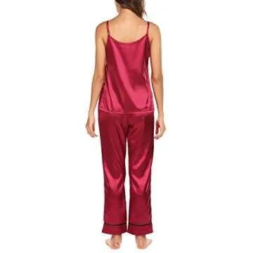 Romanstii Satin Pajamas Set Sleepwear Cami Sexy Nightwear Loungewear PJ Set S-XXL Wine Red