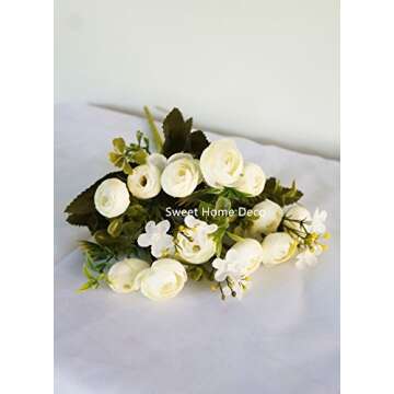Sweet Home Deco 11'' Silk Baby Ranunculus Artificial Flower Bush Small Flower Bush Set of 2 Wedding/Home Decorations (White)