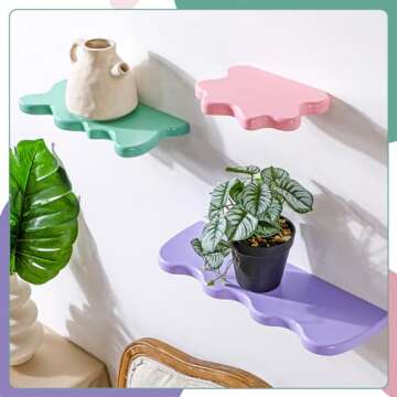 Geetery 3 Pcs Wavy Floating Shelves Cute Cloud Shelves Kawaii Danish Room Decor Funky Squiggle Wall Shelf Preppy Book Shelf for Wall Bedroom Bathroom Display (Pink, Green, Purple)