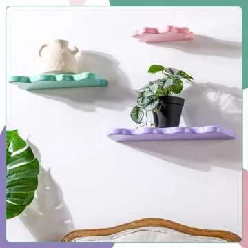 Geetery 3 Pcs Wavy Floating Shelves Cute Cloud Shelves Kawaii Danish Room Decor Funky Squiggle Wall Shelf Preppy Book Shelf for Wall Bedroom Bathroom Display (Pink, Green, Purple)