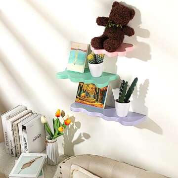 Geetery 3 Pcs Wavy Floating Shelves Cute Cloud Shelves Kawaii Danish Room Decor Funky Squiggle Wall Shelf Preppy Book Shelf for Wall Bedroom Bathroom Display (Pink, Green, Purple)