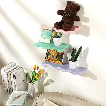 Geetery 3 Pcs Wavy Floating Shelves Cute Cloud Shelves Kawaii Danish Room Decor Funky Squiggle Wall Shelf Preppy Book Shelf for Wall Bedroom Bathroom Display (Pink, Green, Purple)
