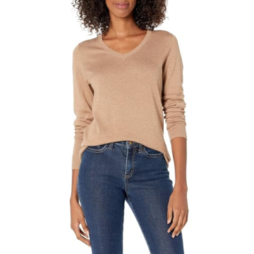 Amazon Essentials Women's Classic-Fit Lightweight Long-Sleeve V-Neck Sweater - Camel Heather - Plus ...
