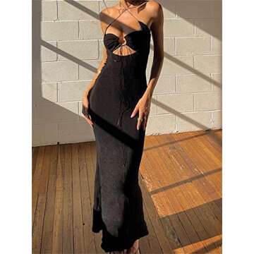 Women's Casual Solid Color Halter Long Dress Sexy Sleeveless Hollow Out Bodycon Maxi Dresses Spaghetti Strap Cutout Sundress Elegant Party Club Streetwear