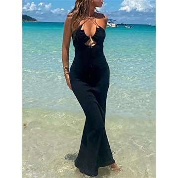 Women's Casual Solid Color Halter Long Dress Sexy Sleeveless Hollow Out Bodycon Maxi Dresses Spaghetti Strap Cutout Sundress Elegant Party Club Streetwear