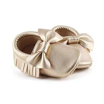 OOSAKU Infant Tolddler Baby Soft Sole PU Leathe Bowknots Shoes (12-18 Months, Gold)