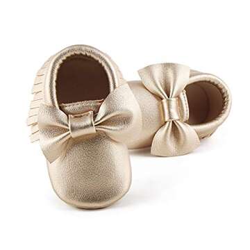 OOSAKU Infant Tolddler Baby Soft Sole PU Leathe Bowknots Shoes (12-18 Months, Gold)