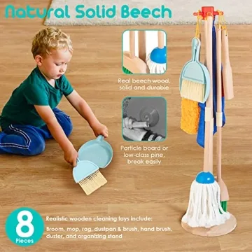 HELLOWOOD 8pc Kids Cleaning Set - Durable Beech Wood Toy