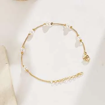 Collner Dainty Gold Bracelet for Women 14K Gold Filled Lightweight Chain Bracelet Pearl Bracelet Charm Minimalist Handmade Jewelry Gift