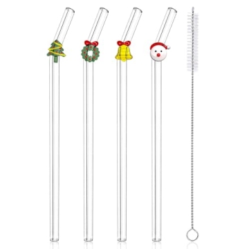 DUMING-IN 4 Pcs Christmas Reusable Glass Straws Set