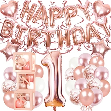 First Birthday Balloon Boxes Decorations for Girl - 72 Piece Elegant Party Set