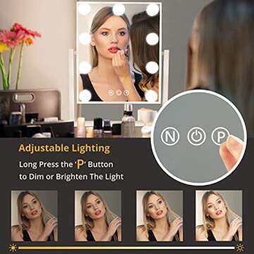 Hollywood Lighted Vanity Mirror with Lights - Desk Makeup Vanity Mirrors with 9 Dimmable LED Bulbs, 3 Color Lighting, Light Up Mirror for Bedroom Table Makeup, Detachable 10X Magnifying Mirror