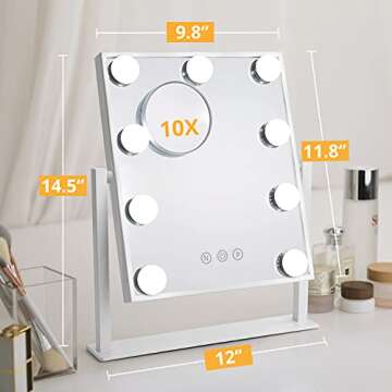 Hollywood Lighted Vanity Mirror with Lights - Desk Makeup Vanity Mirrors with 9 Dimmable LED Bulbs, 3 Color Lighting, Light Up Mirror for Bedroom Table Makeup, Detachable 10X Magnifying Mirror