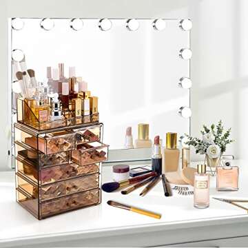 COMVTUPY Clear Makeup Organizer with Brush Holder, Large Acrylic Cosmetic Display Jewelry & Make Up Organizers and Storage for Vanity, Bathroom (3 Large, 4 Small Drawers, Diamond Brown)