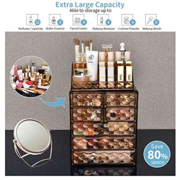 COMVTUPY Clear Makeup Organizer with Brush Holder, Large Acrylic Cosmetic Display Jewelry & Make Up Organizers and Storage for Vanity, Bathroom (3 Large, 4 Small Drawers, Diamond Brown)