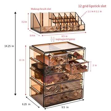 COMVTUPY Clear Makeup Organizer with Brush Holder, Large Acrylic Cosmetic Display Jewelry & Make Up Organizers and Storage for Vanity, Bathroom (3 Large, 4 Small Drawers, Diamond Brown)