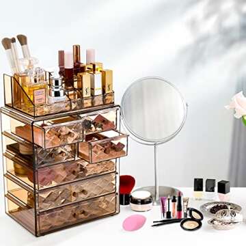 COMVTUPY Clear Makeup Organizer with Brush Holder, Large Acrylic Cosmetic Display Jewelry & Make Up Organizers and Storage for Vanity, Bathroom (3 Large, 4 Small Drawers, Diamond Brown)