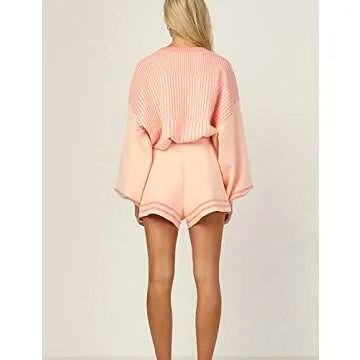 Gihuo Women' s Striped 2 Piece Outfits Crewneck Knit Pullover Sweater Shorts Set Wide Leg Matching Set Loungewear(Pink-S)