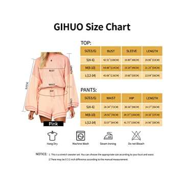 Gihuo Women' s Striped 2 Piece Outfits Crewneck Knit Pullover Sweater Shorts Set Wide Leg Matching Set Loungewear(Pink-S)
