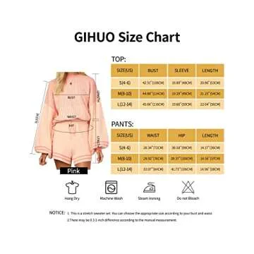 Gihuo Women' s Striped 2 Piece Outfits Crewneck Knit Pullover Sweater Shorts Set Wide Leg Matching Set Loungewear(Pink-S)