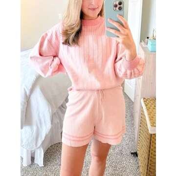 Gihuo Women' s Striped 2 Piece Outfits Crewneck Knit Pullover Sweater Shorts Set Wide Leg Matching Set Loungewear(Pink-S)