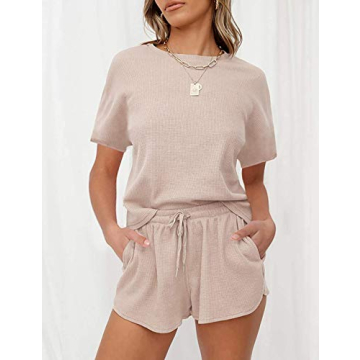MEROKEETY Women's Short Sleeve Waffle Pajama Sets Lounge Top and Shorts 2 Piece Tracksuit Outfits, ShortBeige, L