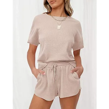 MEROKEETY Women's Short Sleeve Waffle Pajama Sets Lounge Top and Shorts 2 Piece Tracksuit Outfits, ShortBeige, L