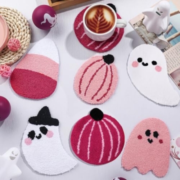 HunnmingRe 6 Pcs Pink Halloween Decorations Pink Ghost Decoration 5.1'' Halloween Tufted Coaster Pum...