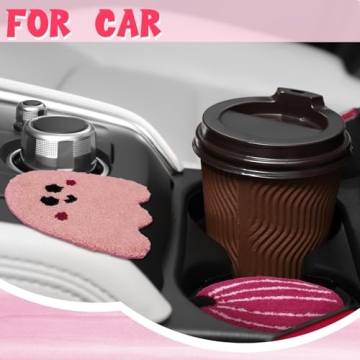 HunnmingRe 6 Pcs Pink Halloween Decorations Pink Ghost Decoration 5.1'' Halloween Tufted Coaster Pumpkin Candy Corn Drink Coaster Absorbent Cup Coasters for Home Office Party Decor Table Decoration