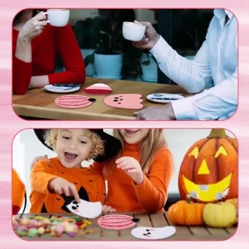 HunnmingRe 6 Pcs Pink Halloween Decorations Pink Ghost Decoration 5.1'' Halloween Tufted Coaster Pumpkin Candy Corn Drink Coaster Absorbent Cup Coasters for Home Office Party Decor Table Decoration