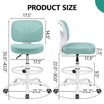 Primy Office Drafting Chair Armless, Tall Office Desk Chair Adjustable Height and Footring, Low-Back Ergonomic Standing Desk Chair Mesh Rolling Tall Chair for Art Room, Office or Home(Light Teal)