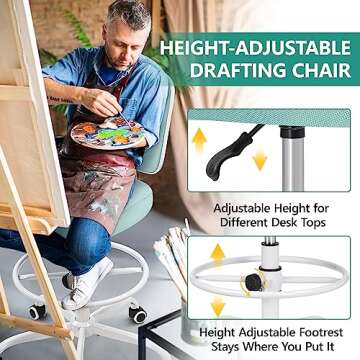 Primy Office Drafting Chair Armless, Tall Office Desk Chair Adjustable Height and Footring, Low-Back Ergonomic Standing Desk Chair Mesh Rolling Tall Chair for Art Room, Office or Home(Light Teal)
