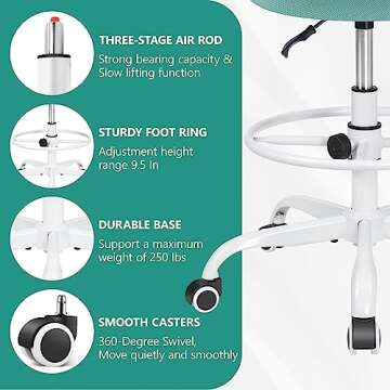 Primy Office Drafting Chair Armless, Tall Office Desk Chair Adjustable Height and Footring, Low-Back Ergonomic Standing Desk Chair Mesh Rolling Tall Chair for Art Room, Office or Home(Light Teal)