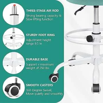 Primy Office Drafting Chair Armless, Tall Office Desk Chair Adjustable Height and Footring, Low-Back Ergonomic Standing Desk Chair Mesh Rolling Tall Chair for Art Room, Office or Home(Light Teal)