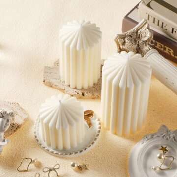 Conelist Set of 3 Ribbed Pillar Candles Soy Wax Scented Ribbed Candles Includes 2.8, 4.2 and 5.1 Inches Heights Romantic Decoration for Home Birthday Gift(White)