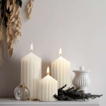 Conelist Set of 3 Ribbed Pillar Candles Soy Wax Scented Ribbed Candles Includes 2.8, 4.2 and 5.1 Inches Heights Romantic Decoration for Home Birthday Gift(White)