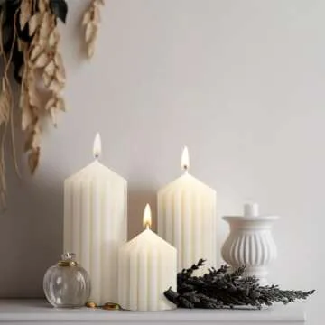 Conelist Set of 3 Ribbed Pillar Candles Soy Wax Scented Ribbed Candles Includes 2.8, 4.2 and 5.1 Inches Heights Romantic Decoration for Home Birthday Gift(White)