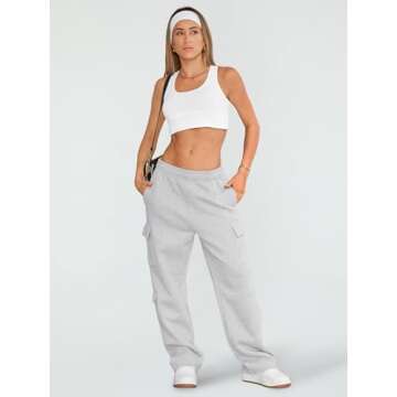 AUTOMET Womens Cargo Sweatpants Wide Leg Fleece Lined Y2k Pants Fall Winter Baggy Joggers with Pockets, Grey, M