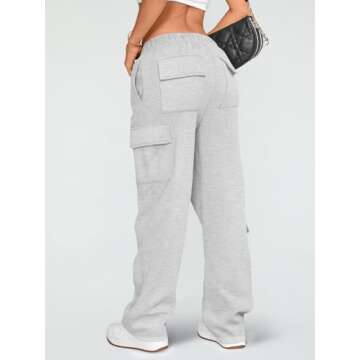 AUTOMET Womens Cargo Sweatpants Wide Leg Fleece Lined Y2k Pants Fall Winter Baggy Joggers with Pockets, Grey, M