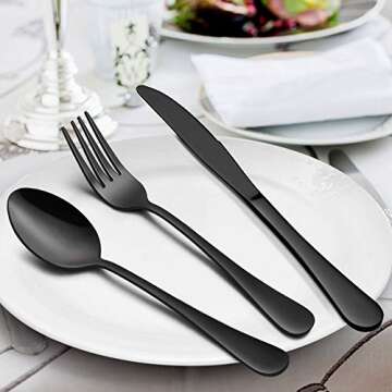 LIANYU 46-Piece Black Silverware Flatware Set for 8, Stainless Steel Flatware with Serving Utensils, Elegant Cutlery Tableware Includes Forks Spoons Knives, Mirror Polished