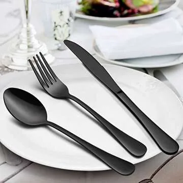 LIANYU 46-Piece Black Silverware Flatware Set for 8, Stainless Steel Flatware with Serving Utensils, Elegant Cutlery Tableware Includes Forks Spoons Knives, Mirror Polished