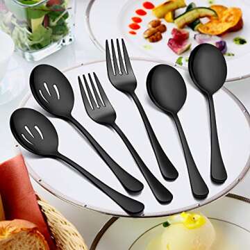 LIANYU 46-Piece Black Silverware Flatware Set for 8, Stainless Steel Flatware with Serving Utensils, Elegant Cutlery Tableware Includes Forks Spoons Knives, Mirror Polished