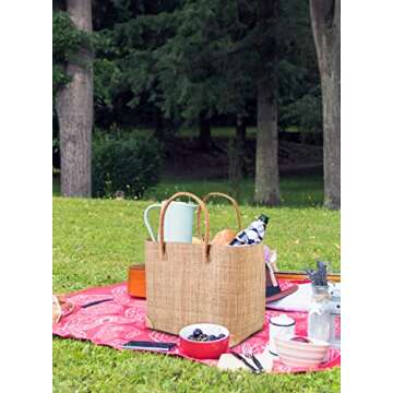 Serene Spaces Living Handmade Bohemian Raffia Tote Bag with Braid Handles for Travel