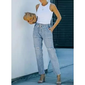 Stylish Sidefeel Women's Cargo Jeans Ripped Joggers Sky Blue