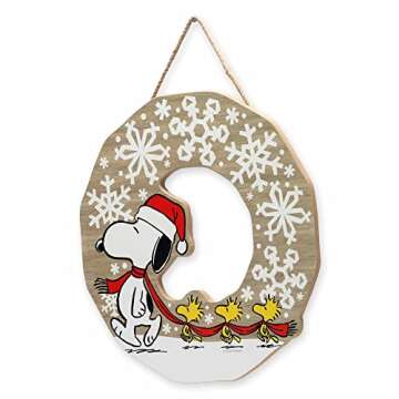Peanuts Snoopy Snowflake Wreath Hanging Wood Wall Decor - Nostalgic Peanuts Christmas Sign for Holid...